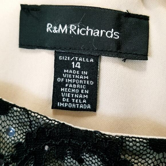 R&M Richards Black Stretch Lace Illusion Dress Sequins Sheer 3/4 Sleeves Size 14 - Picture 9 of 11